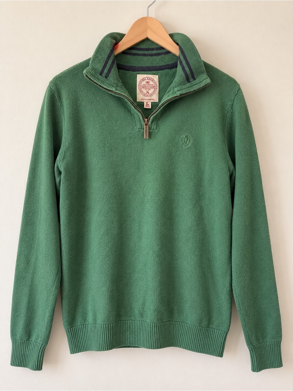 Fat Face Men's Green Quarter-Zip Sweater with Striped Collar
